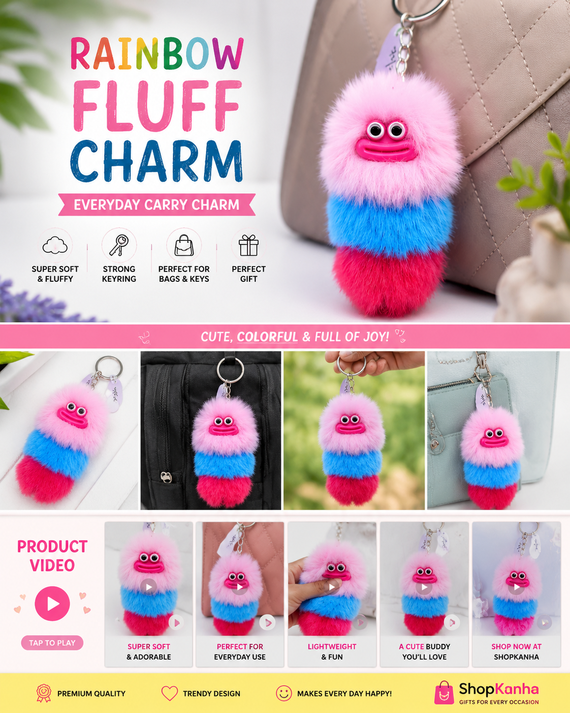 Rainbow Fluff Charm – Cute & Colorful Keychain