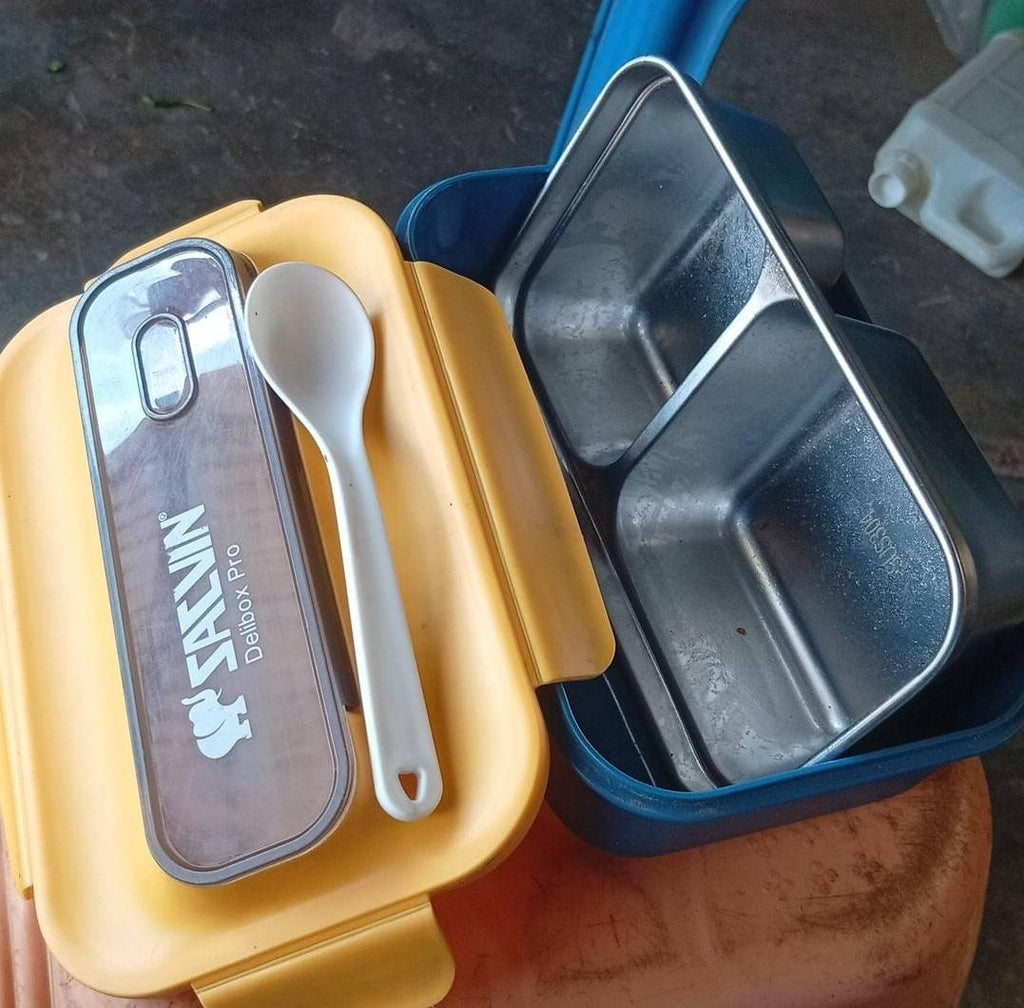 Blue & Yellow Stainless Steel Lunch Box with Built-in Top Cutlery Storage