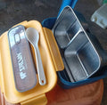 Blue & Yellow Stainless Steel Lunch Box with Built-in Top Cutlery Storage