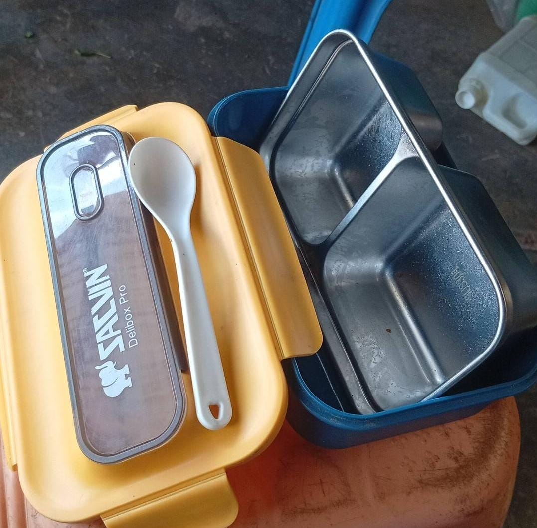 Blue & Yellow Stainless Steel Lunch Box with Built-in Top Cutlery Storage